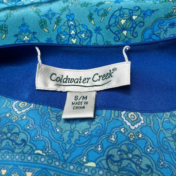Coldwater Creek Silk Caftan Top Sz S/M Blue Floral Boho Colorblock Resortwear - Picture 10 of 12
